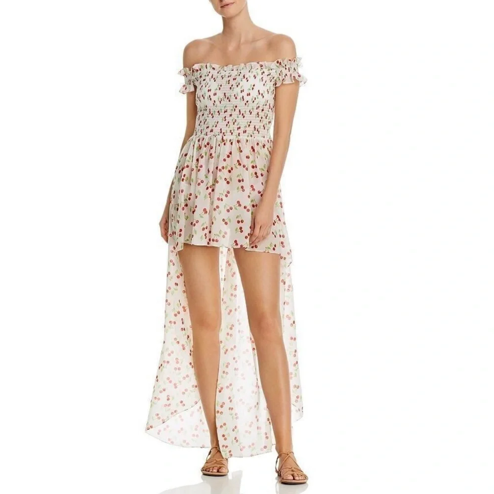 NWT CAROLINE CONSTAS Y2K Cherry Print Smocked Off Shoulder Swim Coverup Dress XS